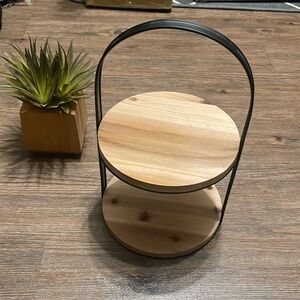 2 tier wooden and black metal shelf